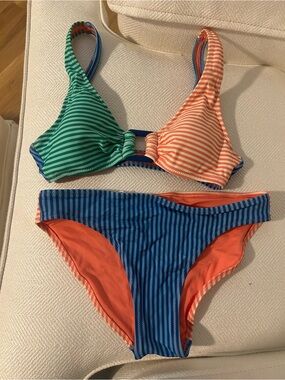 Aerie Striped Color block Bikini Set - Green, Peach & Blue